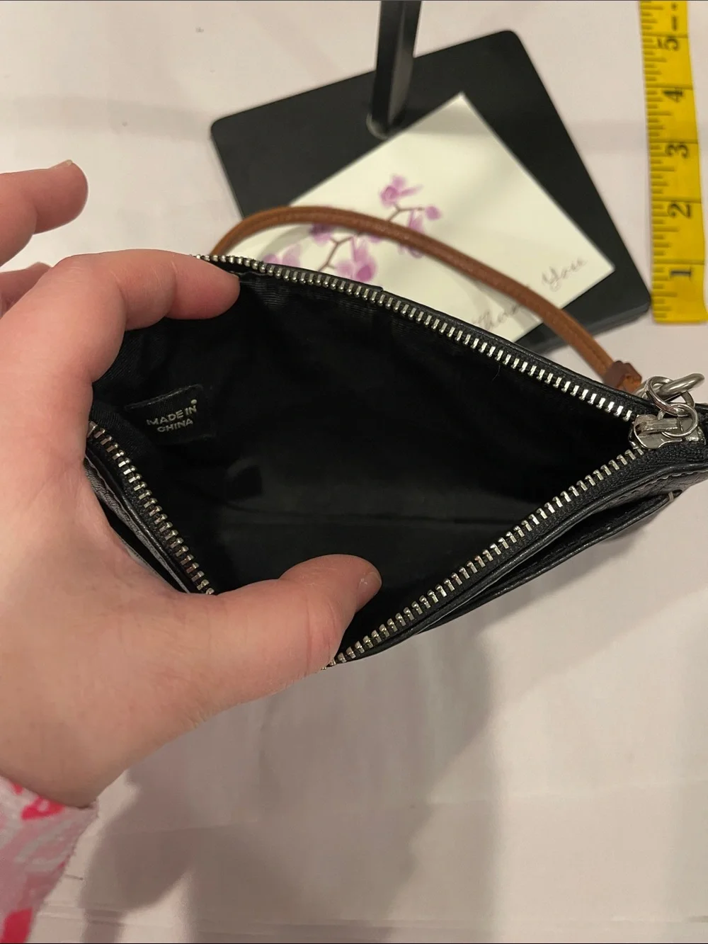 Coach Vintage Black Pebbled Leather Tan Strap Pouch Wallet Wristlet